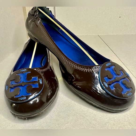 Tory Burch Minnie Travel Flats. Size 8 Brown and Blue - Picture 1 of 7